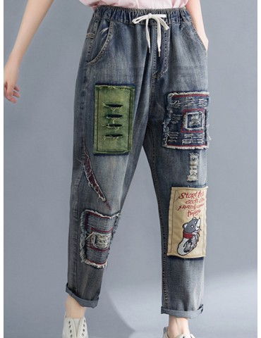 Cartoon Embroidery Patch Denim Pants with Pockets