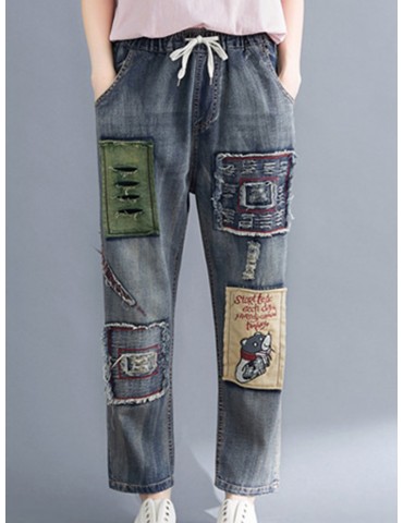 Cartoon Embroidery Patch Denim Pants with Pockets