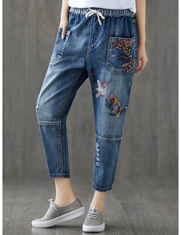 Casual Pocket Embroidered Harem Denim Pants for Women