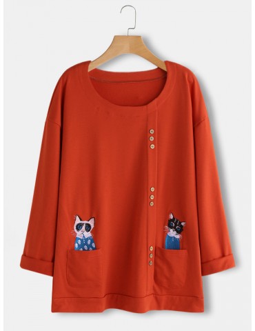 Cartoon Cat Embroidered Long Sleeve Plus Size T-Shirt