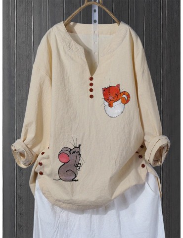 Cartoon Cat Mouse Print V-neck Plus Size Shirt