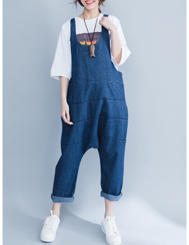 Casual Loose Pure Color Strap Pocket Jumpsuit Trousers Overalls