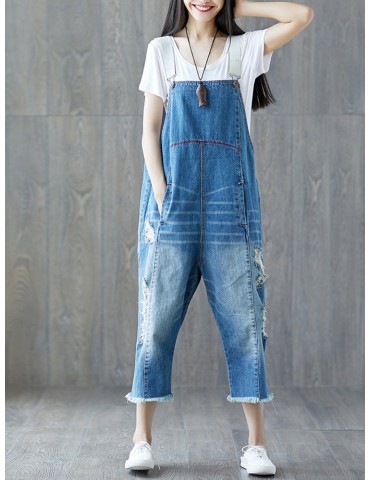 Casual Pure Color Denim Hole Strap Rompers