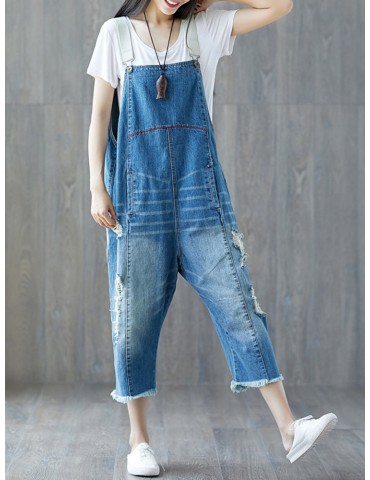 Casual Pure Color Denim Hole Strap Rompers