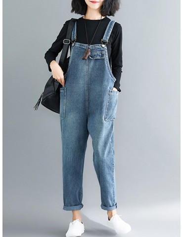 Casual Denim Loose Straps Jumpsuit with Pockets
