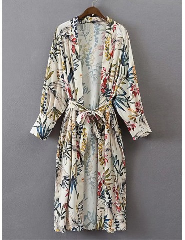 Bohemian Floral Print Long Sleeve Plus Size Kimono with Belt