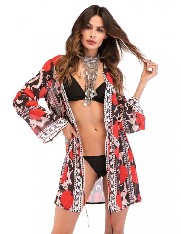 Bohemian Beach Printed Chiffon Long Sleeve Kimono for Women