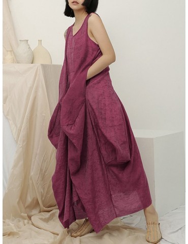 Irregular Sleeveless Solid Color Vintage Dress For Women