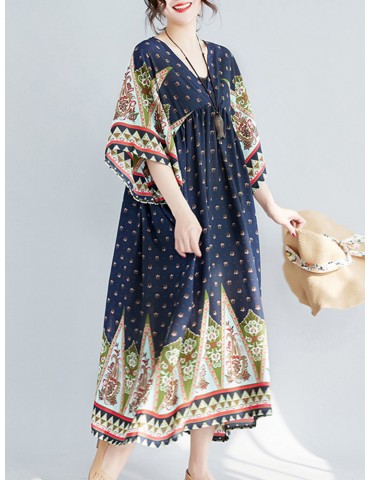 Ethnic Printed High Waist V-neck Vintage Half Sleeve Dresses