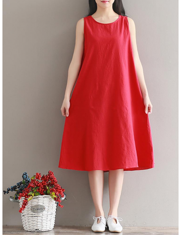 Women Vintage Sleeveless Pure Color Mid-Long Dresses