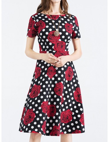 Vintage Women Polka Dots Floral Printed Hepburn Style Dresses
