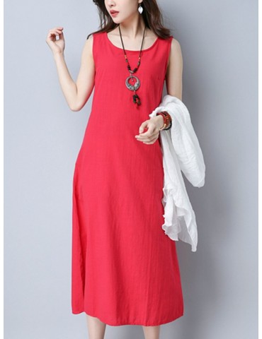 Casual Cross Strap Backless Loose Sleeveless O-neck Dress For Women