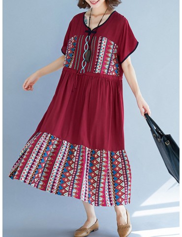 Vintage Ethnic Print Patchwork Short Sleeve Dress