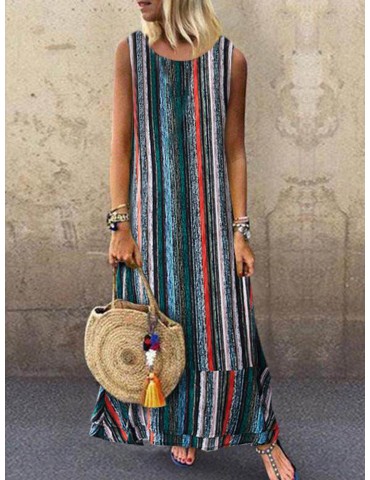 Ethnic Vintage Colorful Striped Sleeveless Maxi Dress