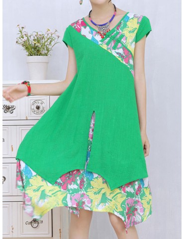 Floral Print Fake Two Piece Short Sleeve V-neck Dress For Women