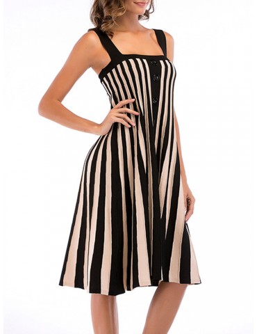 Vertical Stripe Button Sleeveless Slash Neck Vintage Dresses