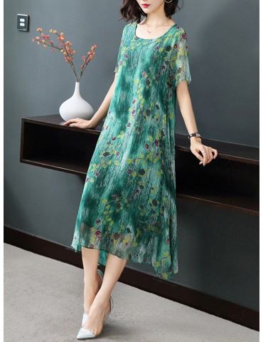Elegant Floral Print Gradient Short Sleeve Mid-long Dresses