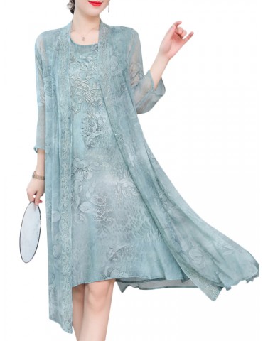 Floral Embroidered Jacquard Loose Vintage Two Pieces Dresses
