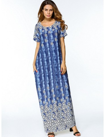 Casual Print O-neck Loose Short Sleeve Maxi Dresses For Women