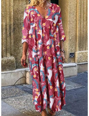 Ethnic Floral Print 3/4 Sleeve Maxi Dress For Women