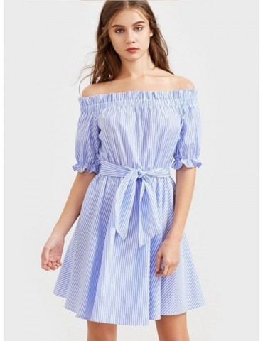 Stripe Off-shoulder Tie Half Sleeve Mini Dress For Women