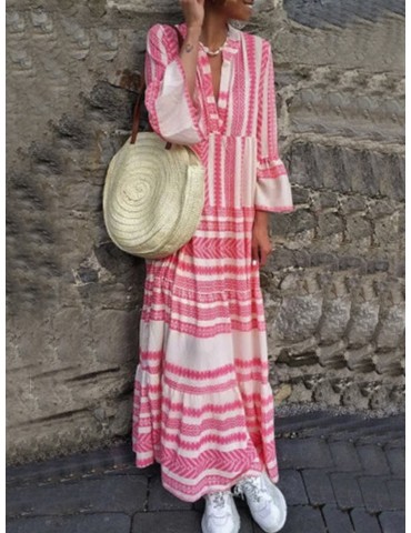 Patchwork Stripe Print Long Sleeve Maxi Dress For Women