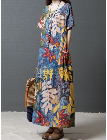 Leaves Print Multi-color Short Sleeve Vintage Maxi Dresses