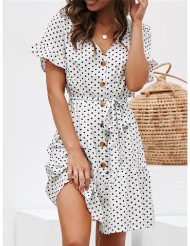 Casual V-neck Polka Dots Lace-up Print Dress
