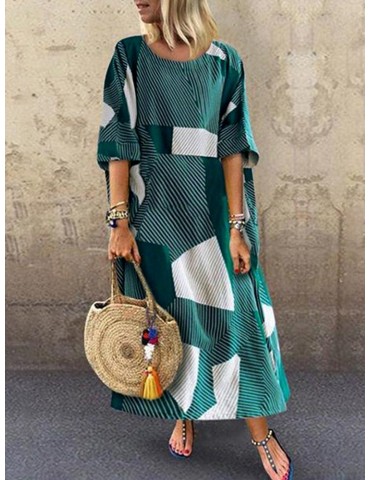 Geometric Stripe Half Sleeve Loose Maxi Dress For Women