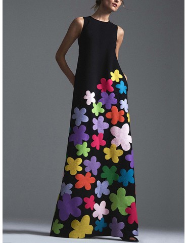 Elegant Print Floral Sleeveless Crew Neck Party Dress