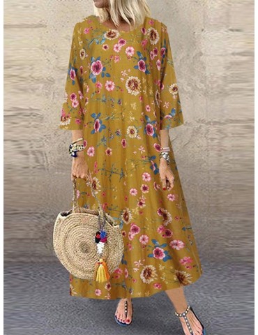 3/4 Sleeve Floral Print Loose Vintage Dress For Women
