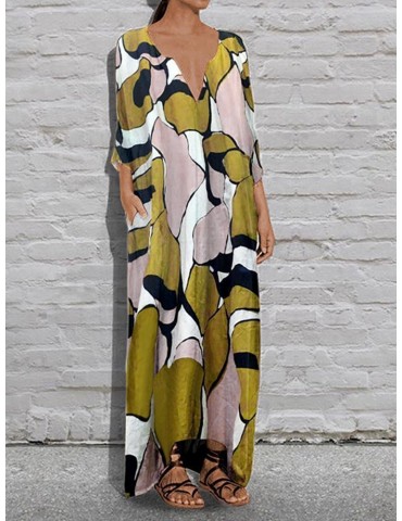 Loose Print 3/4 Sleeve Maxi Dress For Women