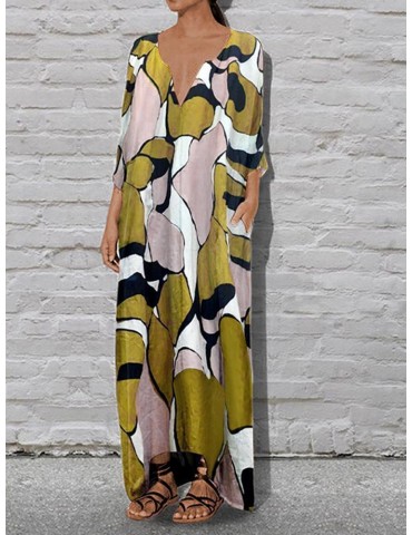 Loose Print 3/4 Sleeve Maxi Dress For Women