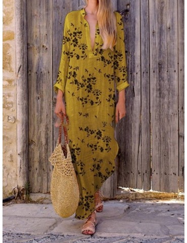 Floral Print Irregular Long Sleeve Maxi Dress For Women
