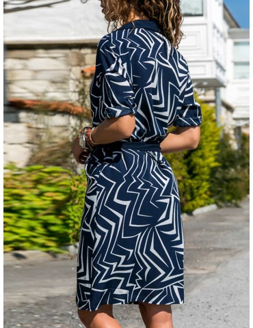 Stripe Geometric Leaves Print Bandage Long Sleeve Dress For Women