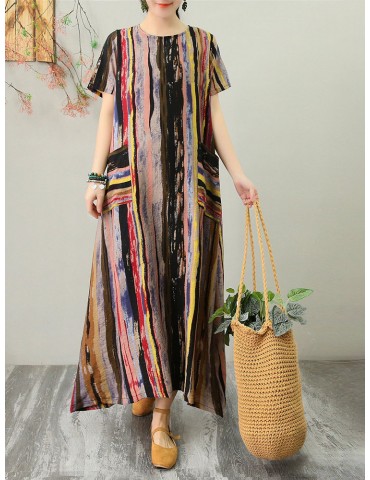 Multicolor Striped Pocket Short Sleeve Vintage Dress