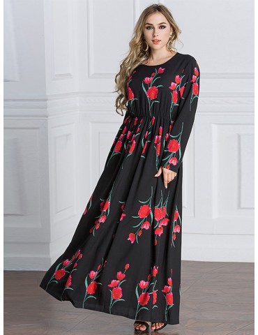 Bohemian Floral Print Long Sleeve O-neck Women Maxi Dresses