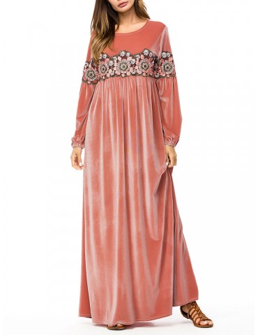 Islam Muslim Velvet Embroidery Pink Long Dress