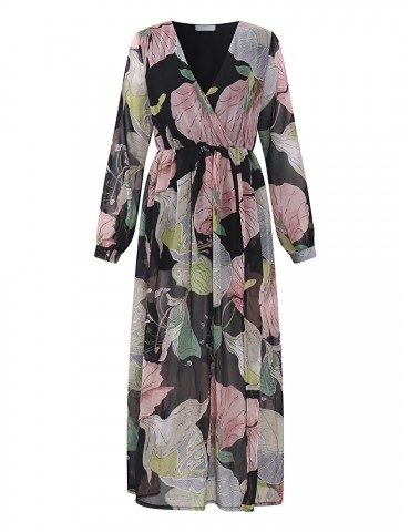 Bohemian Floral Print Splited Long Sleeve V-neck Women Maxi Dresses