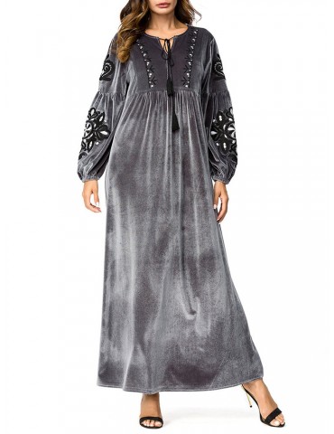 Muslim Embroidery Patchwork Maxi Velvet Dress