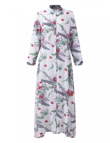 Bohemian Floral Print Splited Long Sleeve Lapel Women Maxi Dresses