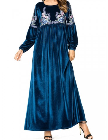 Islam Muslim Winter Velvet Print Long Sleeve Long Dress