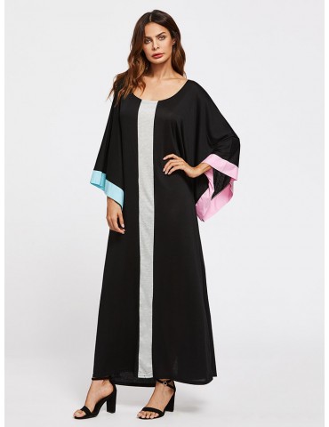Women Contrast Color Long Sleeve Loose Long Maxi Dresses