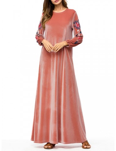 Muslim Embroidery Long Sleeve Overhead Maxi Dress