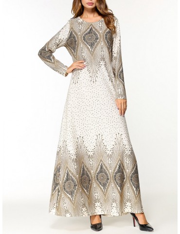 Elegant Print Long Sleeve Islam Muslim Slim Long Dress