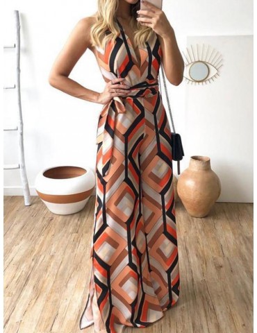 Sexy Geometric Lace-up Sleeveless Maxi Dress