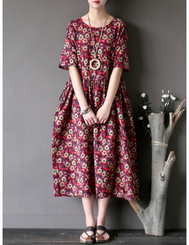 Vintage Casual Women Short Sleeve Floral Print Dresses