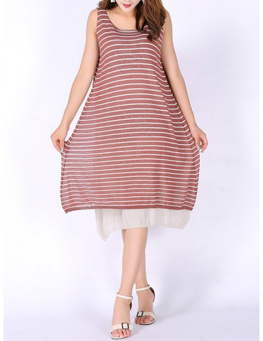 Casual Women Sleeveless Fake Two Pieces O-neck Mid-Long Dresses