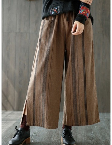 Vintage Stripe Splited Wide Leg Women Pants