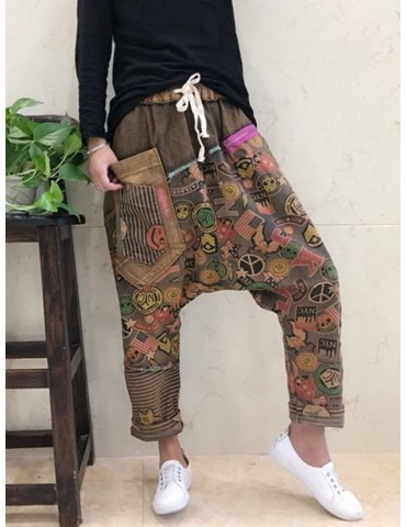 Baggy Vintage Ethnic Print Drop Crotch Spliced Pants